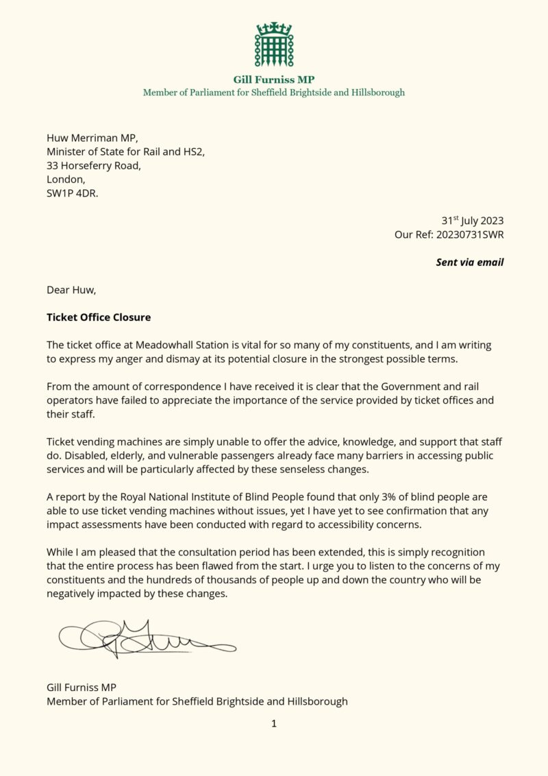 Letter from Gill Furniss MP to Huw Merriman MP regarding the ticket office closure